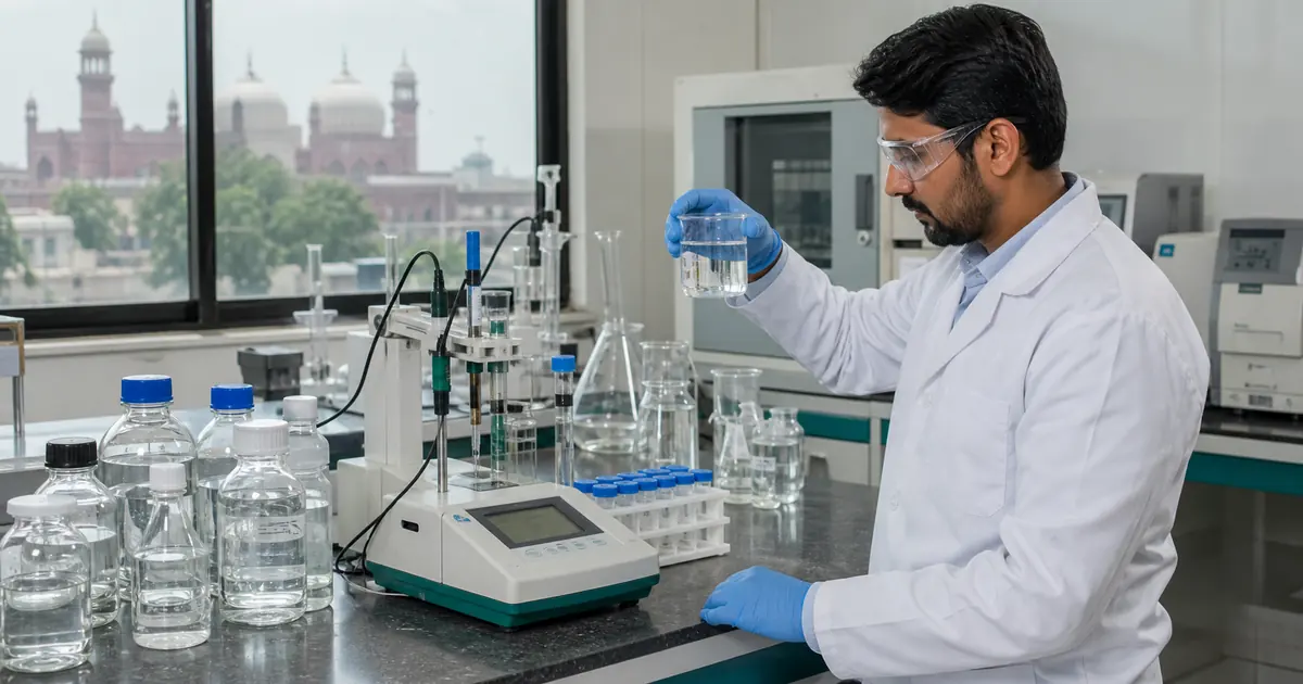 Water testing lab in Lahore analyst examining a clear water sample